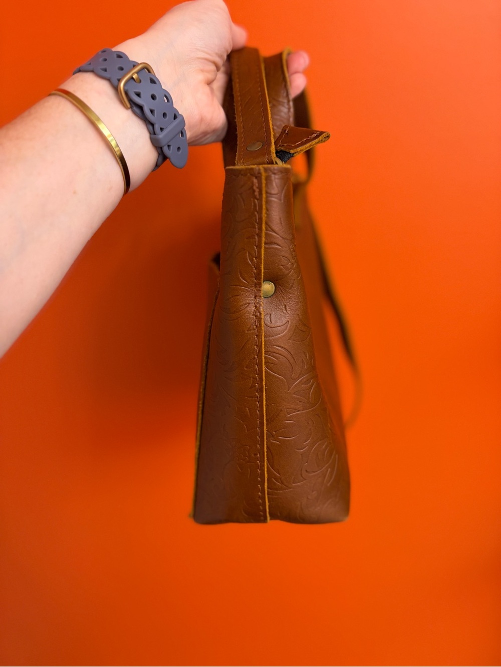 Portland Leather Goods Meadow Zipper Mini Tote Crossbody - Embossed Floral - Picture 10 of 13